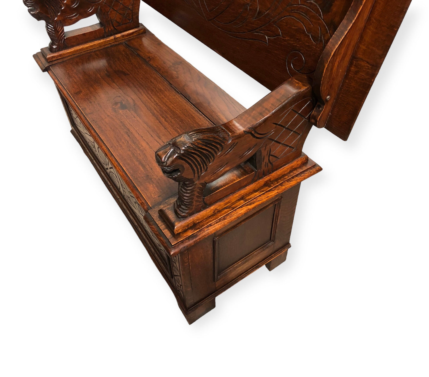 000732....Handsome Antique Carved Oak Monks Bench / Hall Seat ( sold )