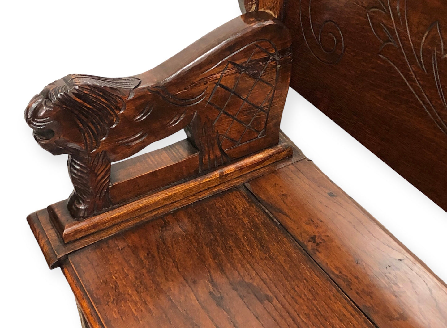 000732....Handsome Antique Carved Oak Monks Bench / Hall Seat ( sold )