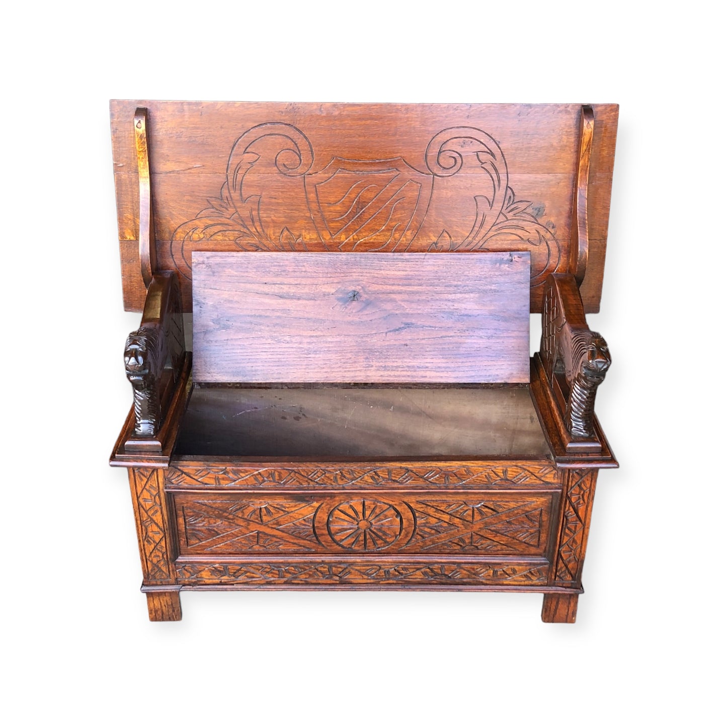 000732....Handsome Antique Carved Oak Monks Bench / Hall Seat ( sold )