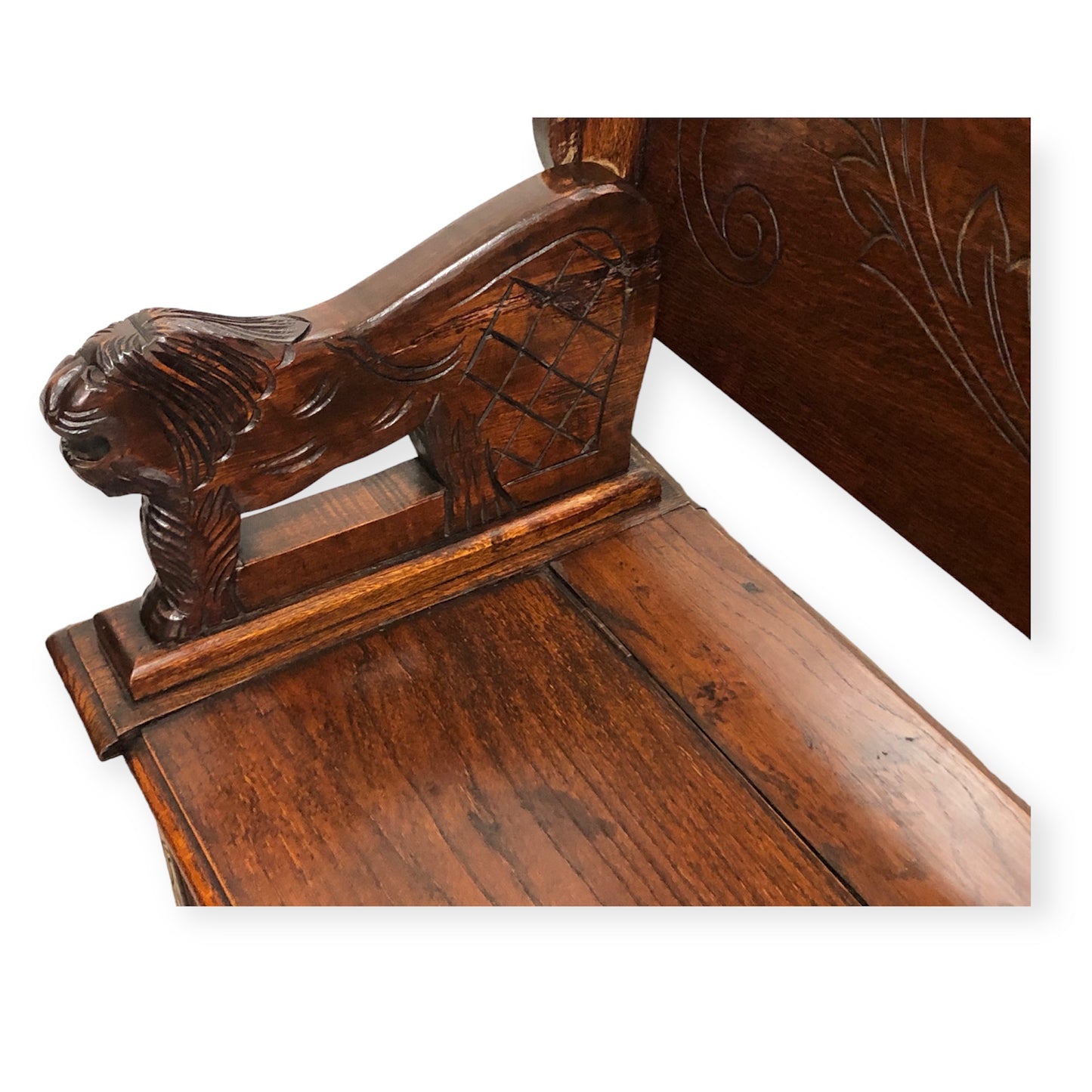 000732....Handsome Antique Carved Oak Monks Bench / Hall Seat ( sold )