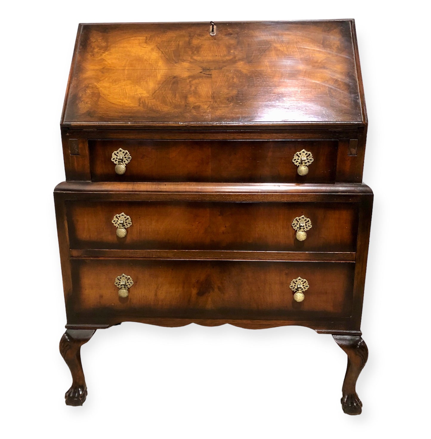 000725....Handsome Vintage Figured Walnut Writing Bureau ( sold )