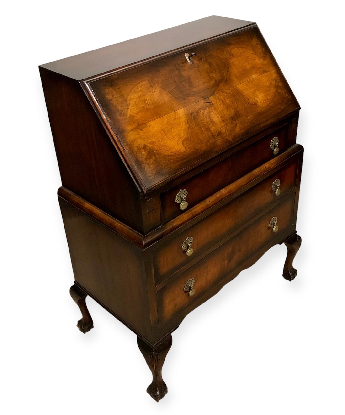 000725....Handsome Vintage Figured Walnut Writing Bureau ( sold )