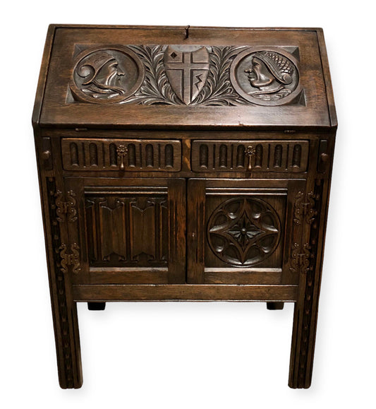 000719....Handsome Vintage Carved Oak Bureau / Writing Desk