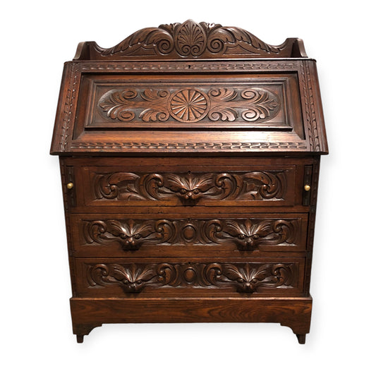 000706....Handsome Antique Carved Oak Bureau