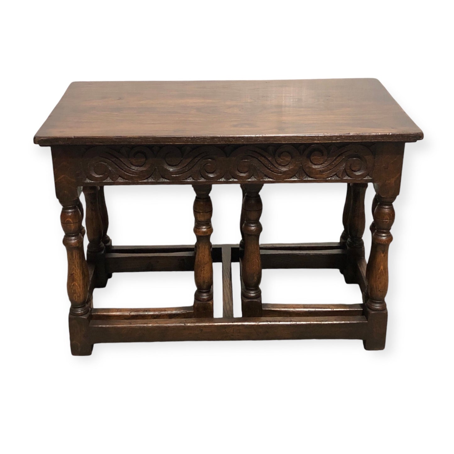 000702....Handsome Vintage Carved Oak Nest Of Three Coffee Tables