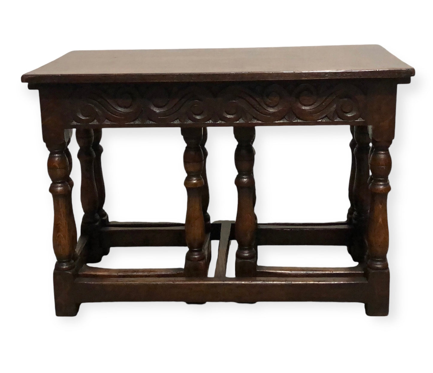 000702....Handsome Vintage Carved Oak Nest Of Three Coffee Tables