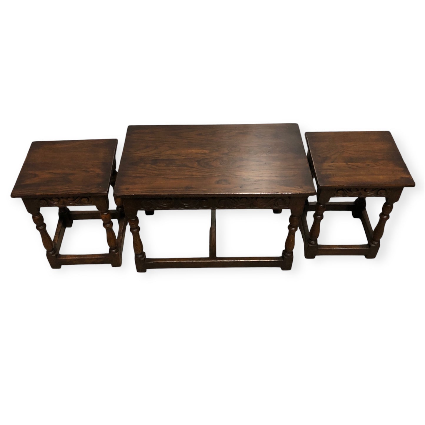 000702....Handsome Vintage Carved Oak Nest Of Three Coffee Tables