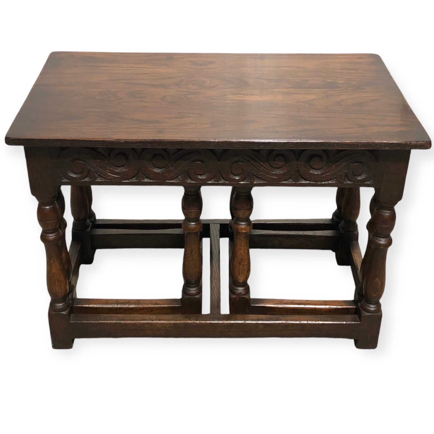 000702....Handsome Vintage Carved Oak Nest Of Three Coffee Tables