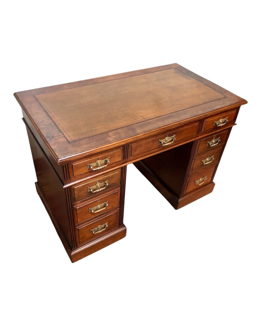 000639....Handsome Antique Walnut Pedestal Desk With Nine Drawers