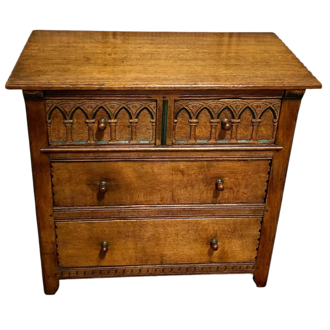 000633....Handsome Gothic Style Solid Carved Oak Chest Of Drawers ( sold )