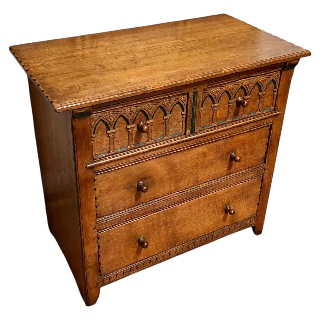 000633....Handsome Gothic Style Solid Carved Oak Chest Of Drawers ( sold )