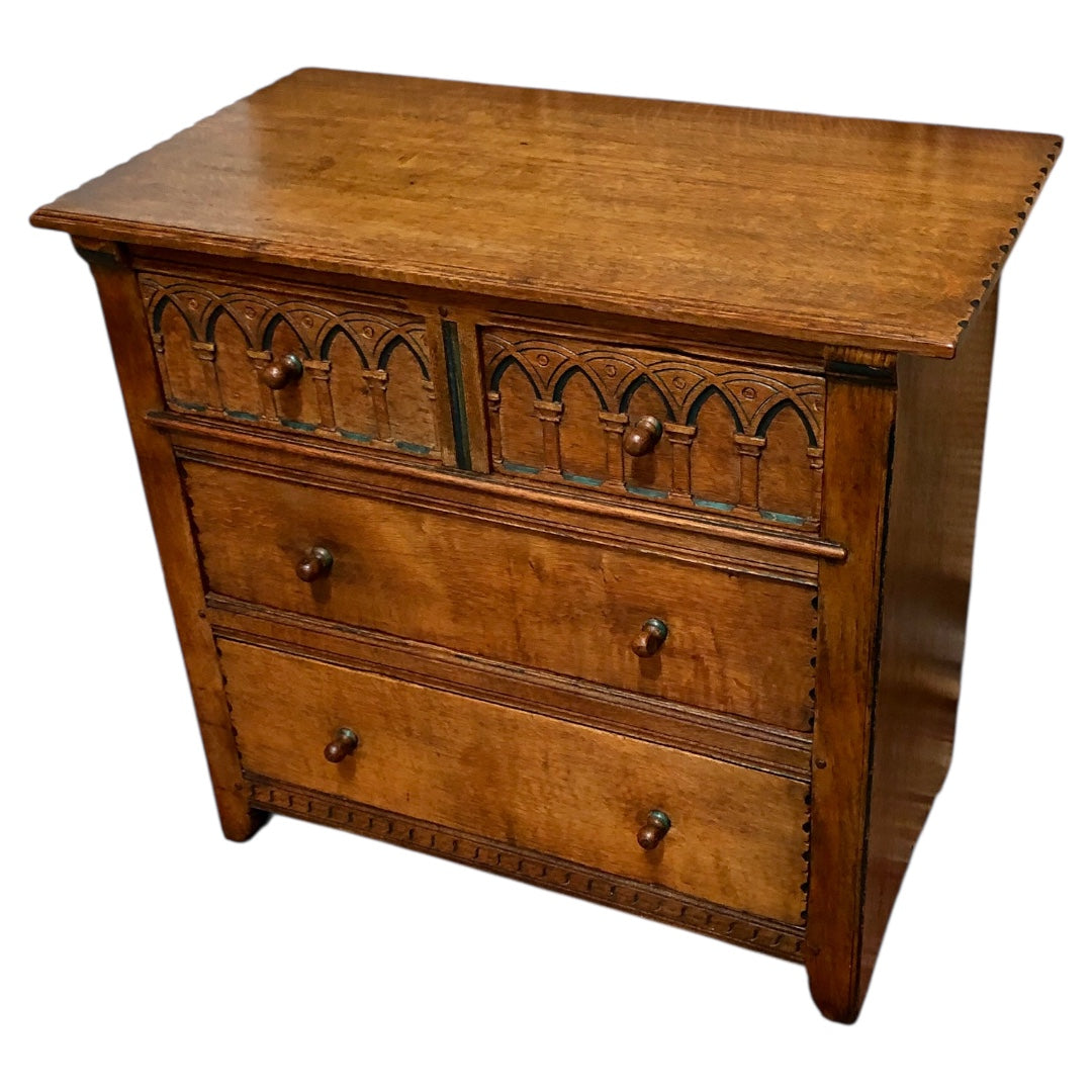 000633....Handsome Gothic Style Solid Carved Oak Chest Of Drawers ( sold )