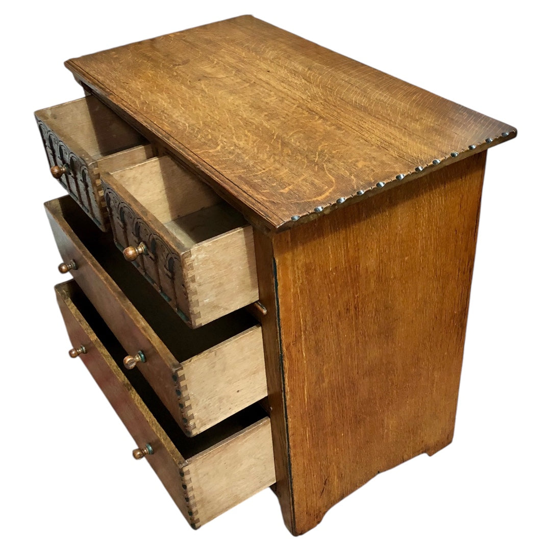 000633....Handsome Gothic Style Solid Carved Oak Chest Of Drawers ( sold )