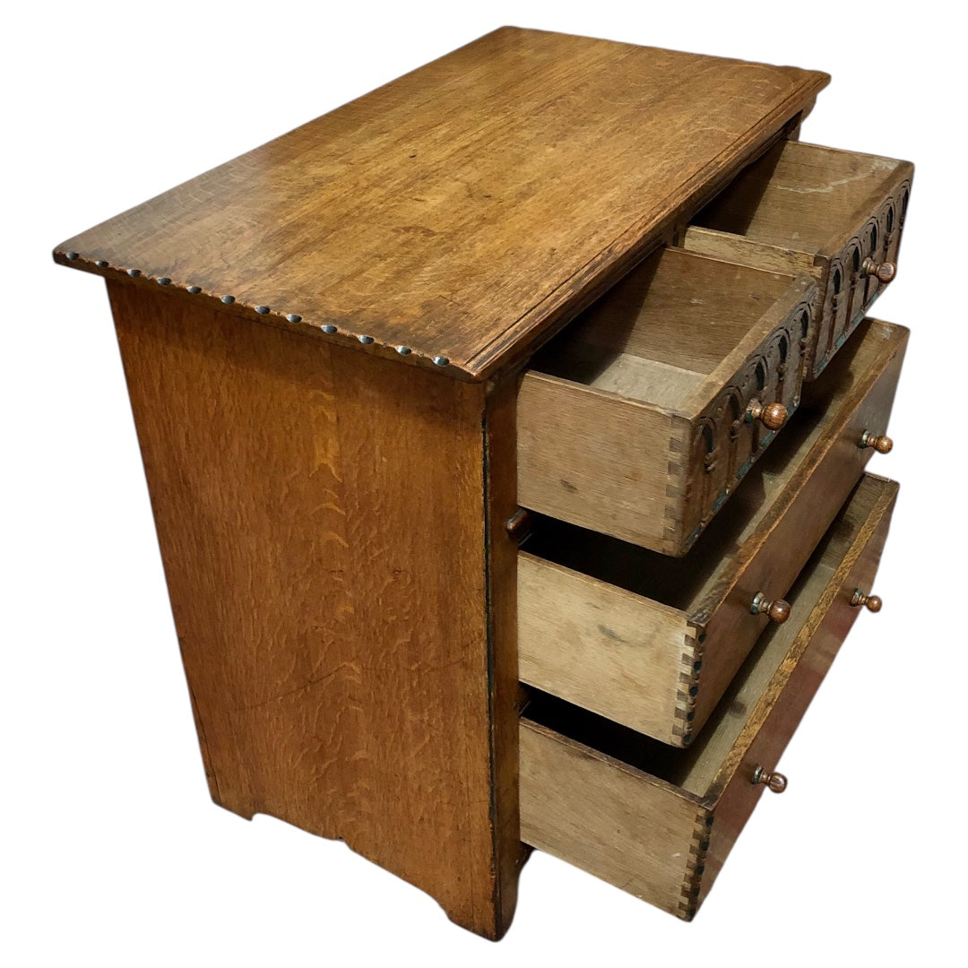 000633....Handsome Gothic Style Solid Carved Oak Chest Of Drawers ( sold )