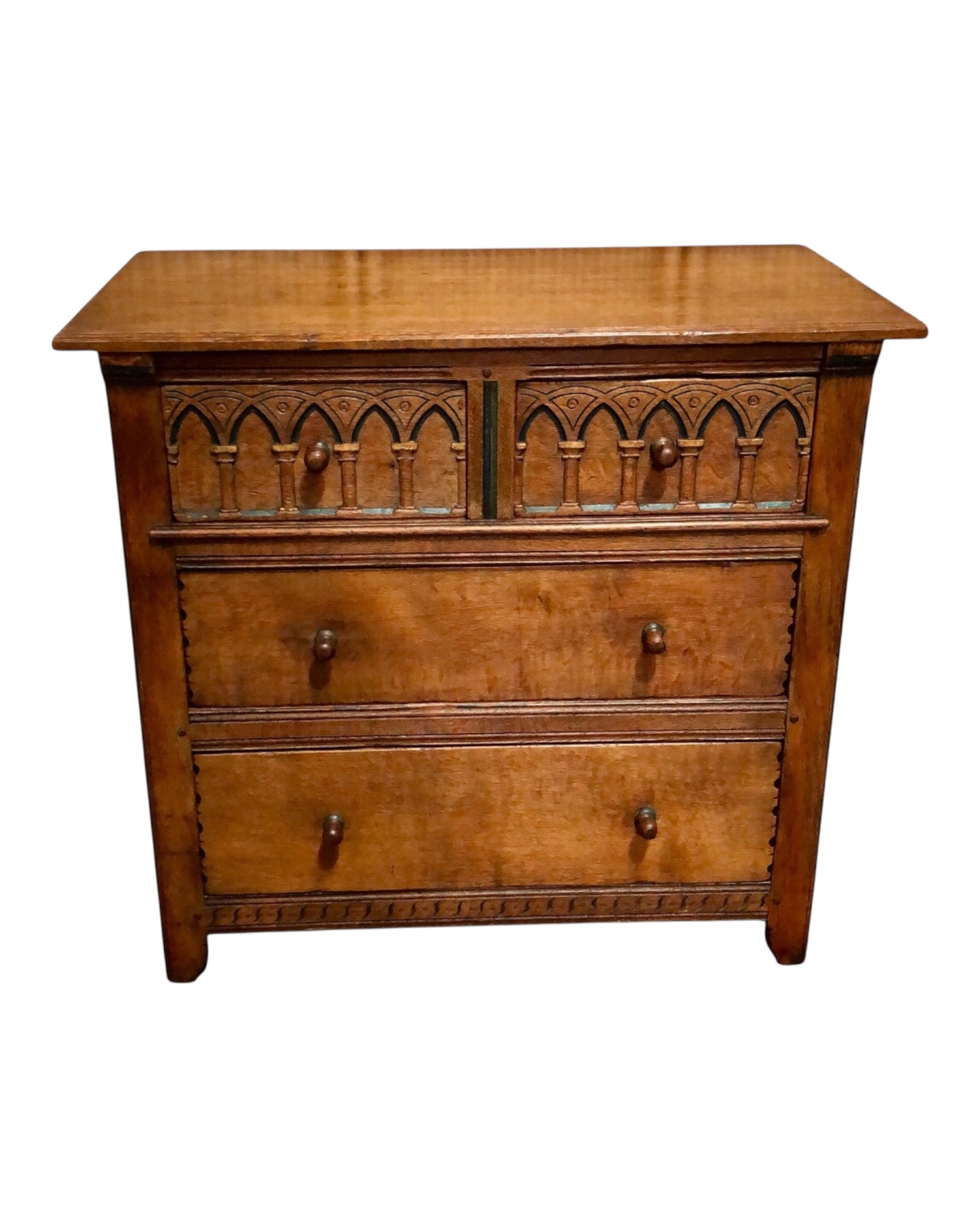 000633....Handsome Gothic Style Solid Carved Oak Chest Of Drawers ( sold )