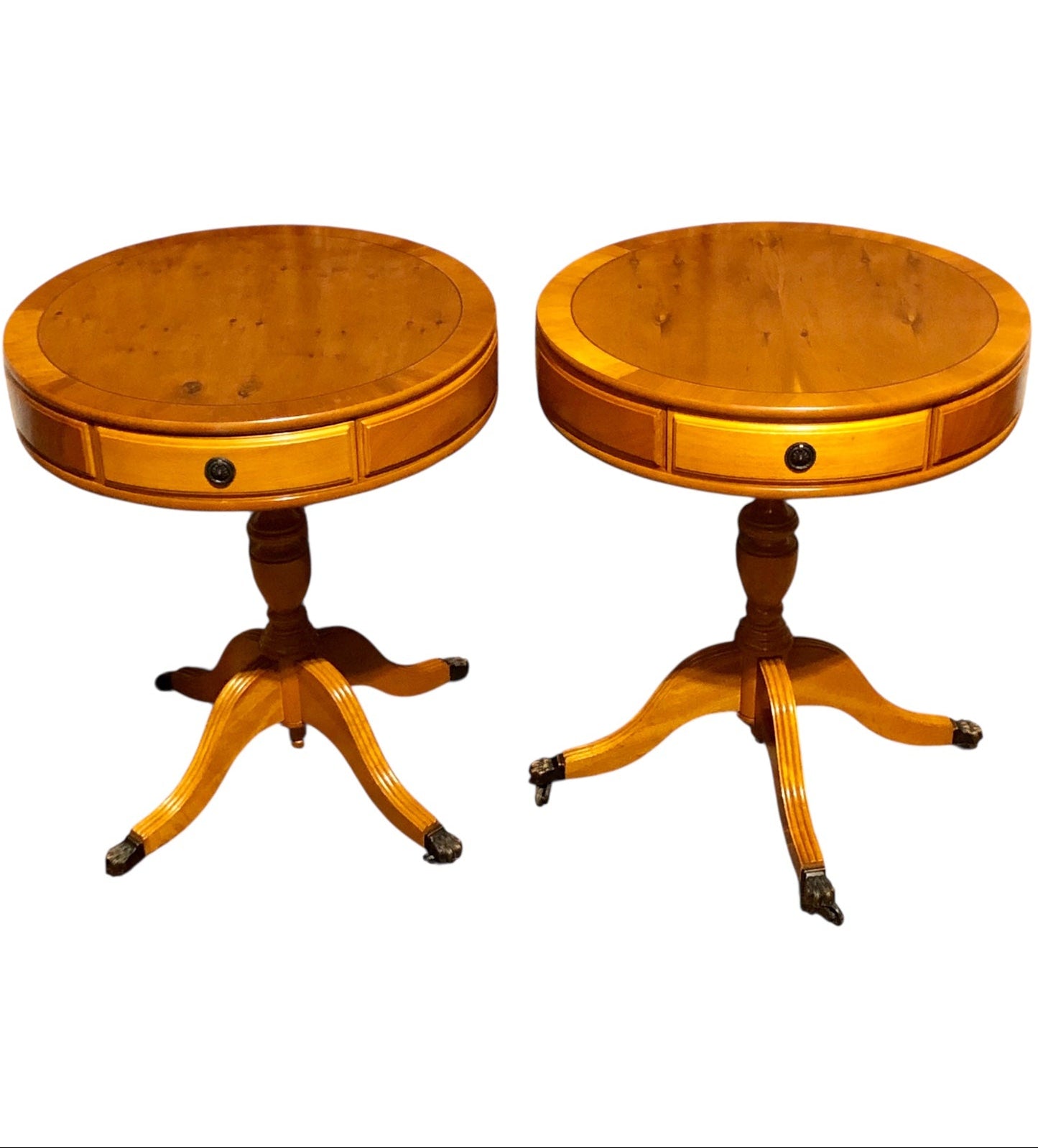 000576....Handsome Pair Of Yew Drum Tables/Lamp Tables