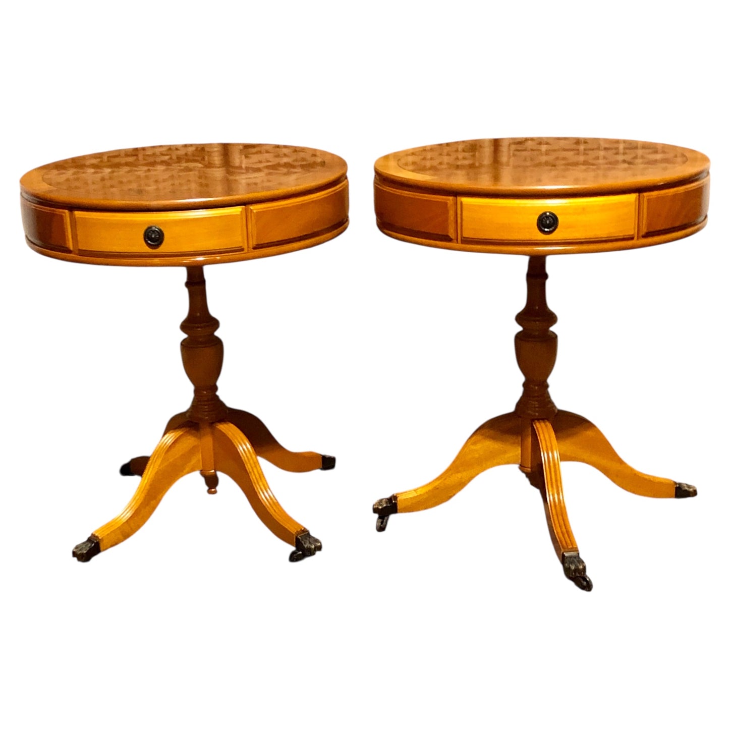 000576....Handsome Pair Of Yew Drum Tables/Lamp Tables