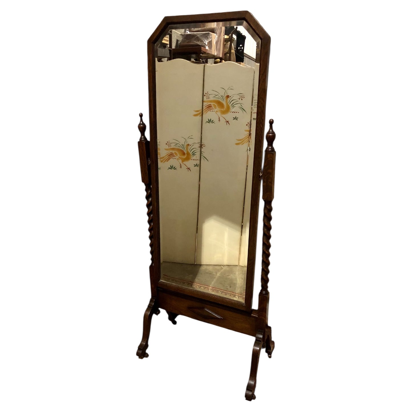 000569....Handsome Vintage Oak Cheval Mirror.