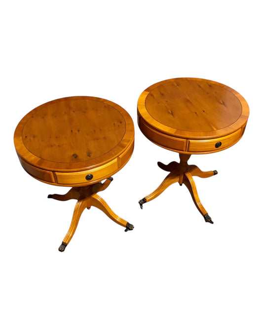 000576....Handsome Pair Of Yew Drum Tables/Lamp Tables
