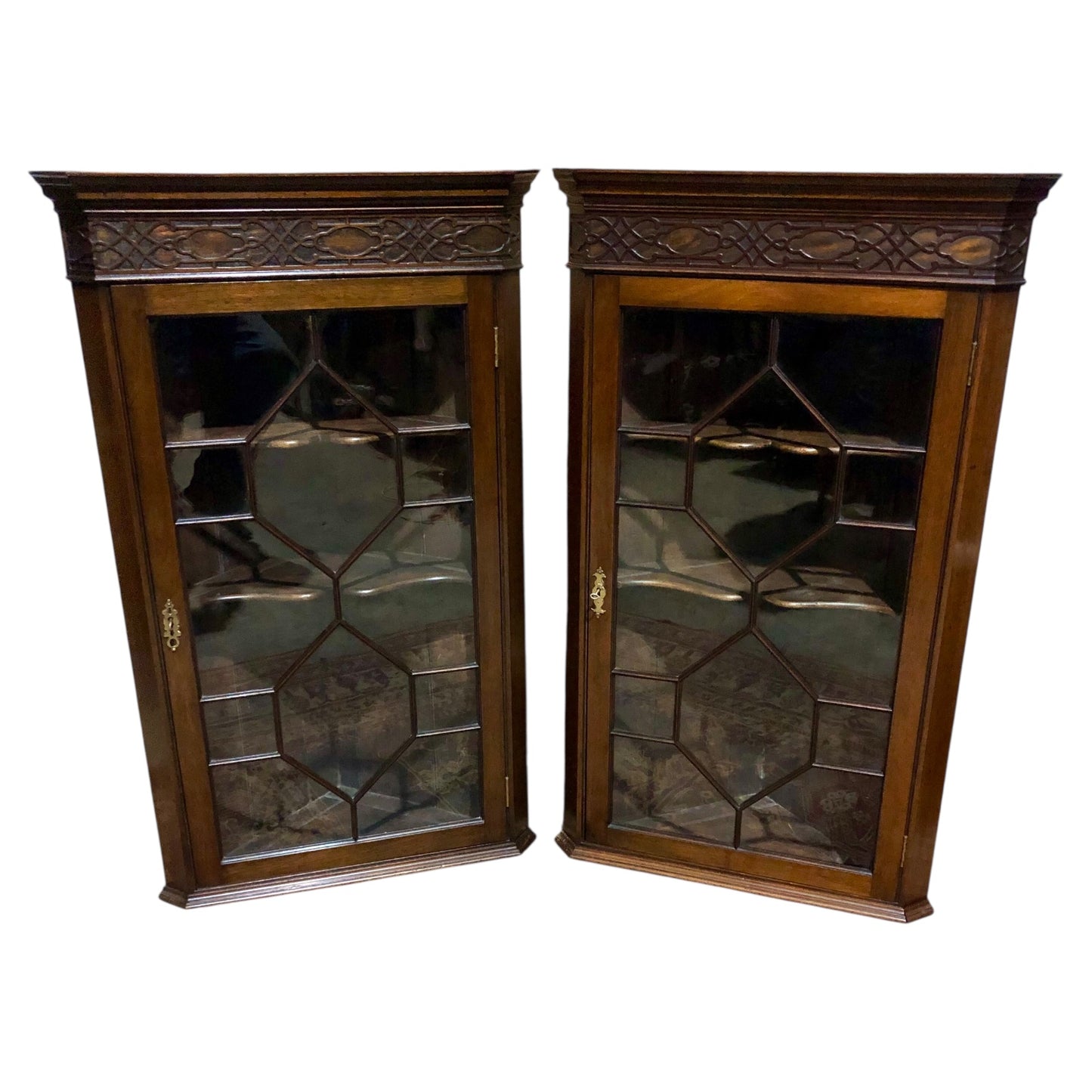 000560....Handsome Pair Of Mahogany Glazed Corner Cabinets