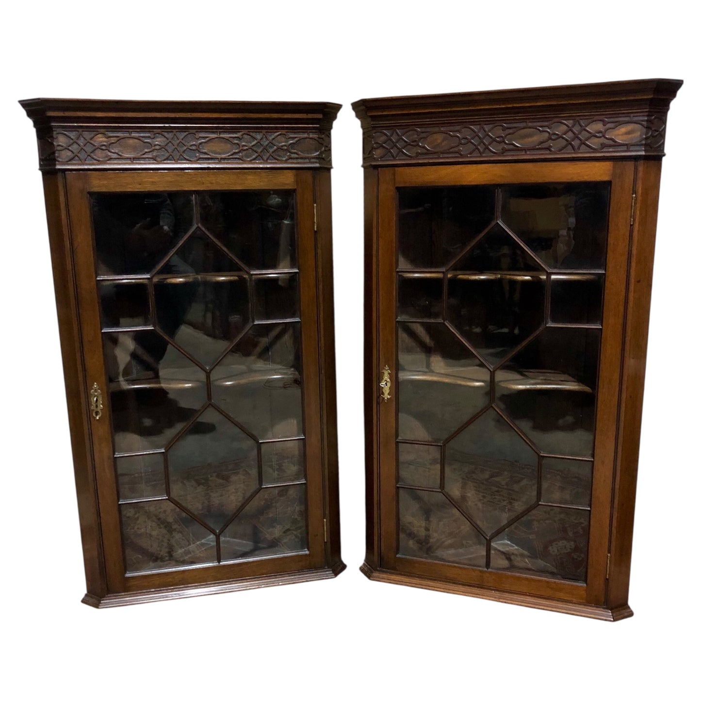 000560....Handsome Pair Of Mahogany Glazed Corner Cabinets