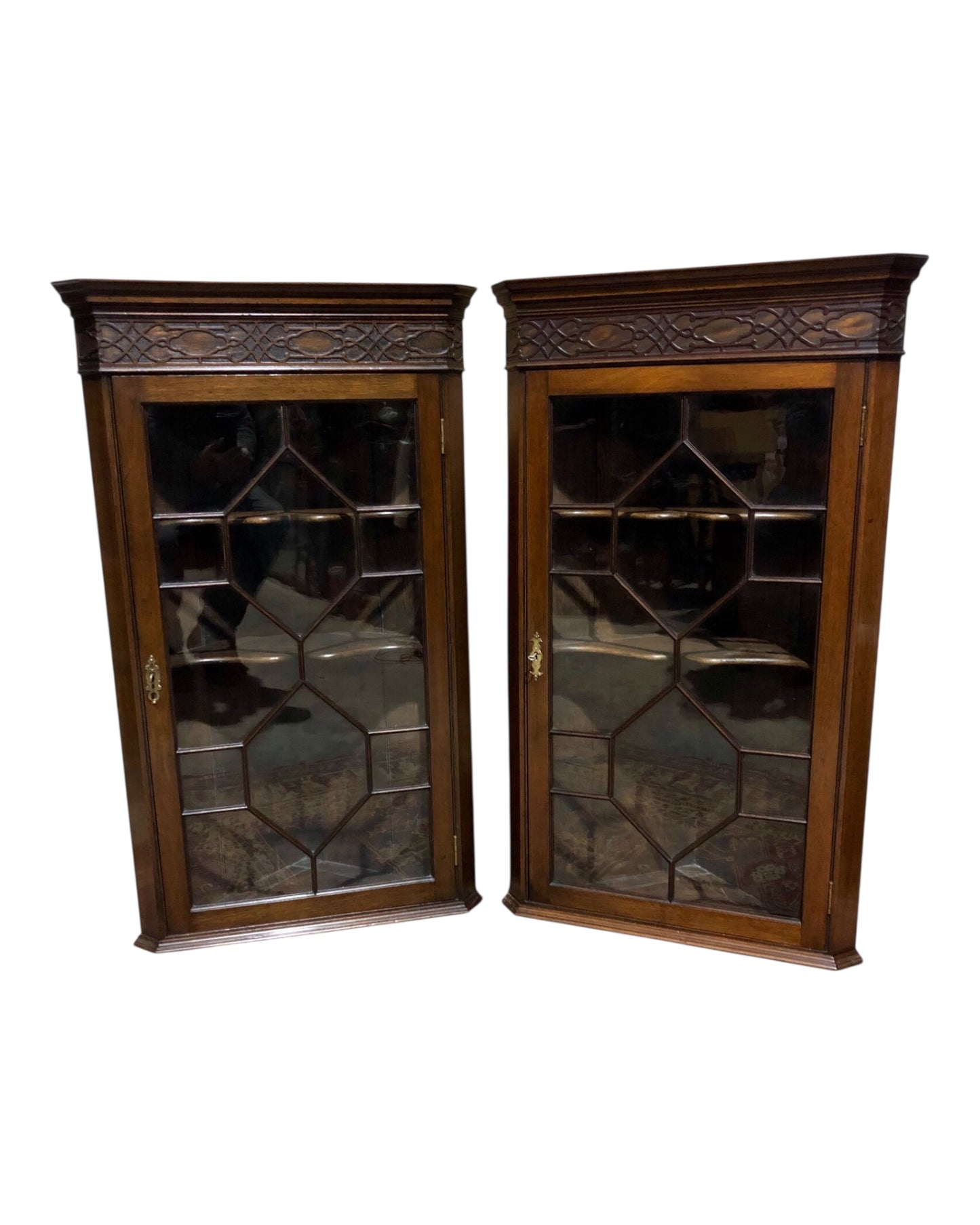 000560....Handsome Pair Of Mahogany Glazed Corner Cabinets