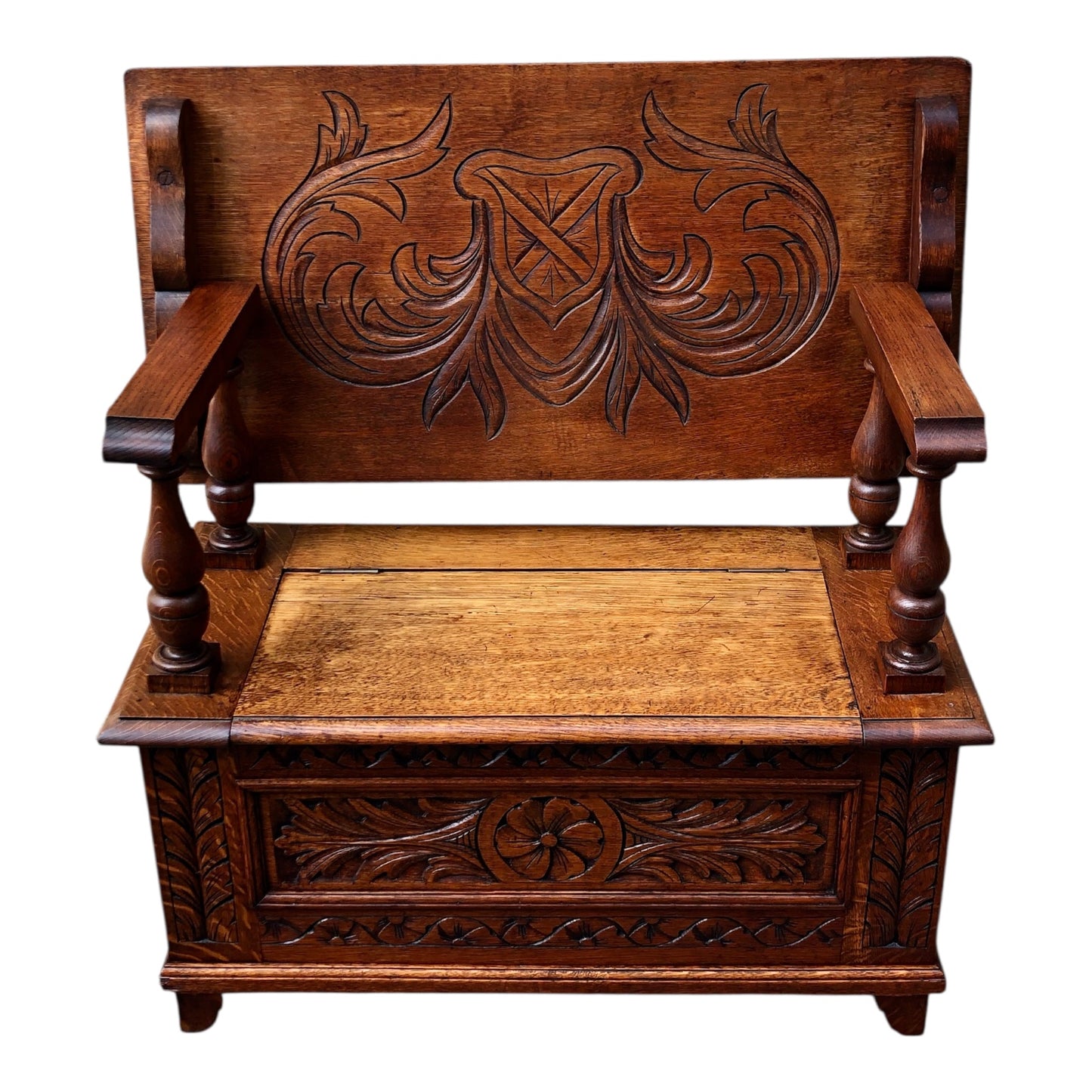 000503....Handsome Vintage Carved Oak Monks Bench Or Hall Seat