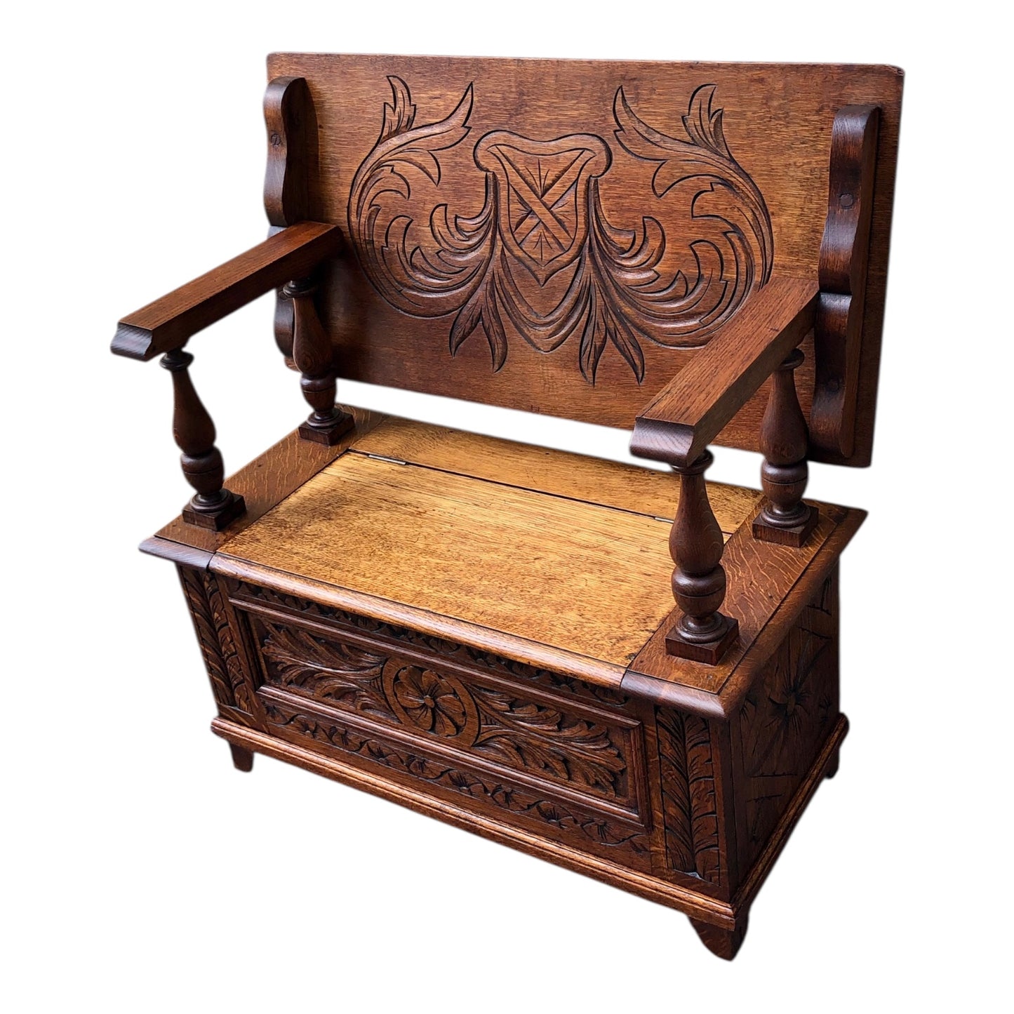 000503....Handsome Vintage Carved Oak Monks Bench Or Hall Seat