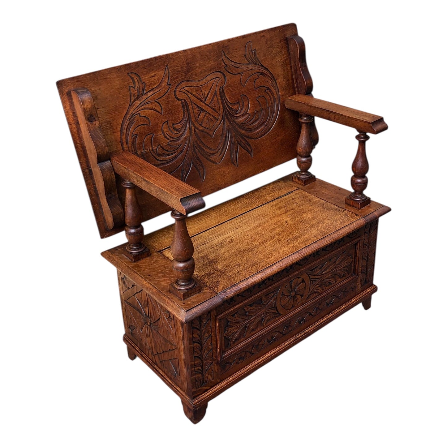 000503....Handsome Vintage Carved Oak Monks Bench Or Hall Seat