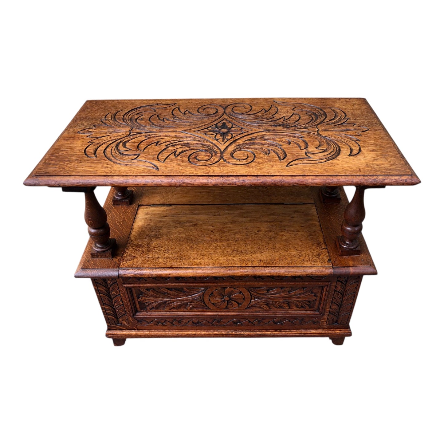 000503....Handsome Vintage Carved Oak Monks Bench Or Hall Seat