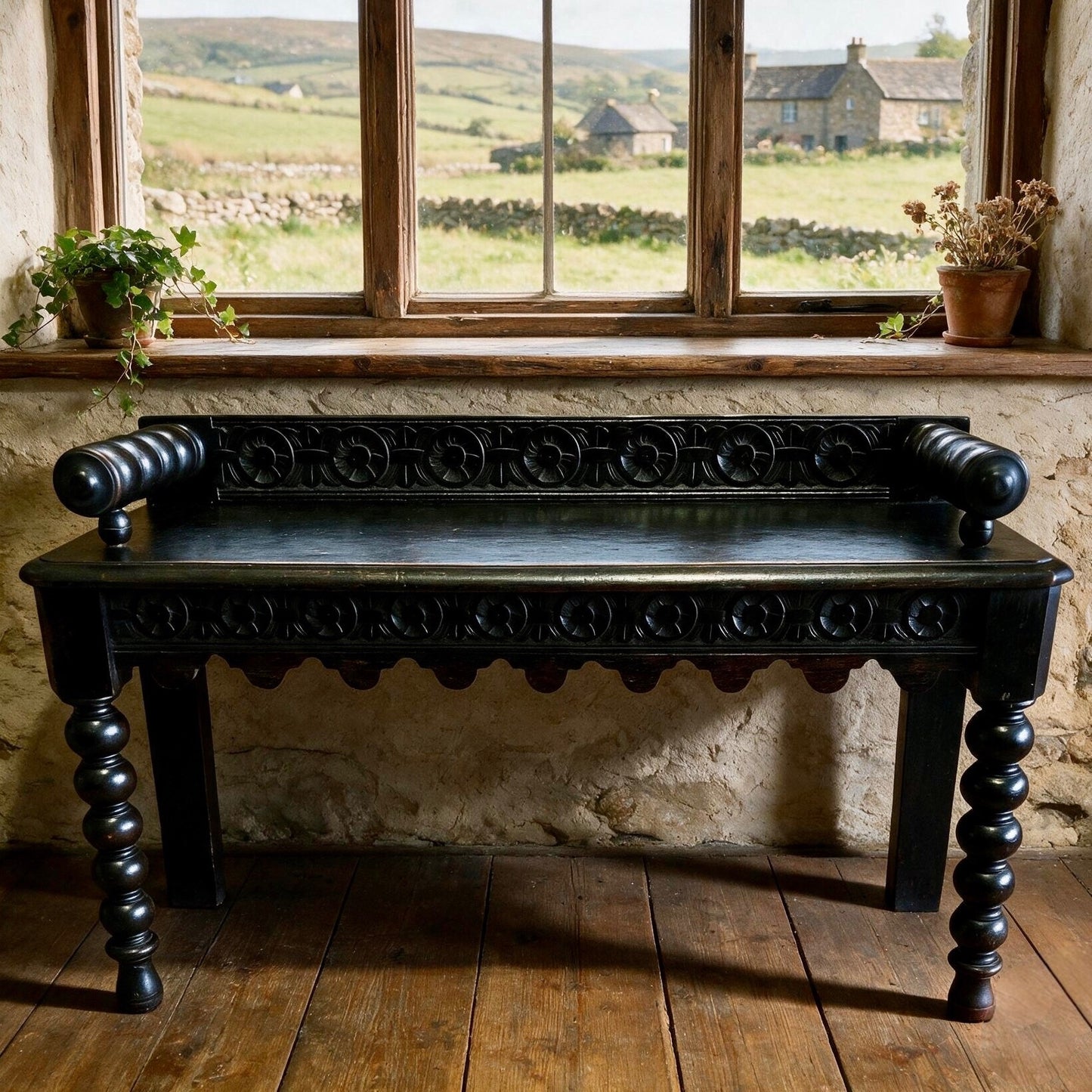 000498....Handsome Gothic Style Carved Oak Bench