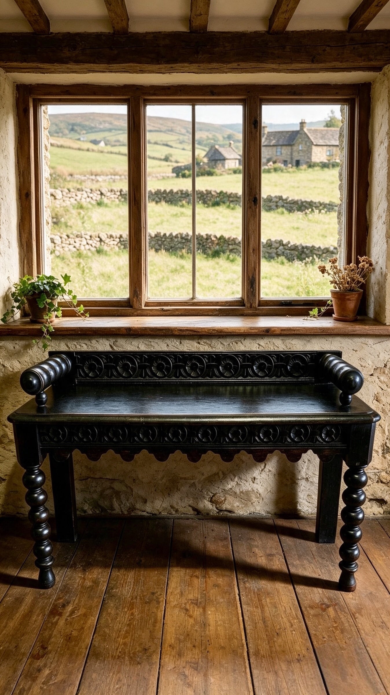 000498....Handsome Gothic Style Carved Oak Bench