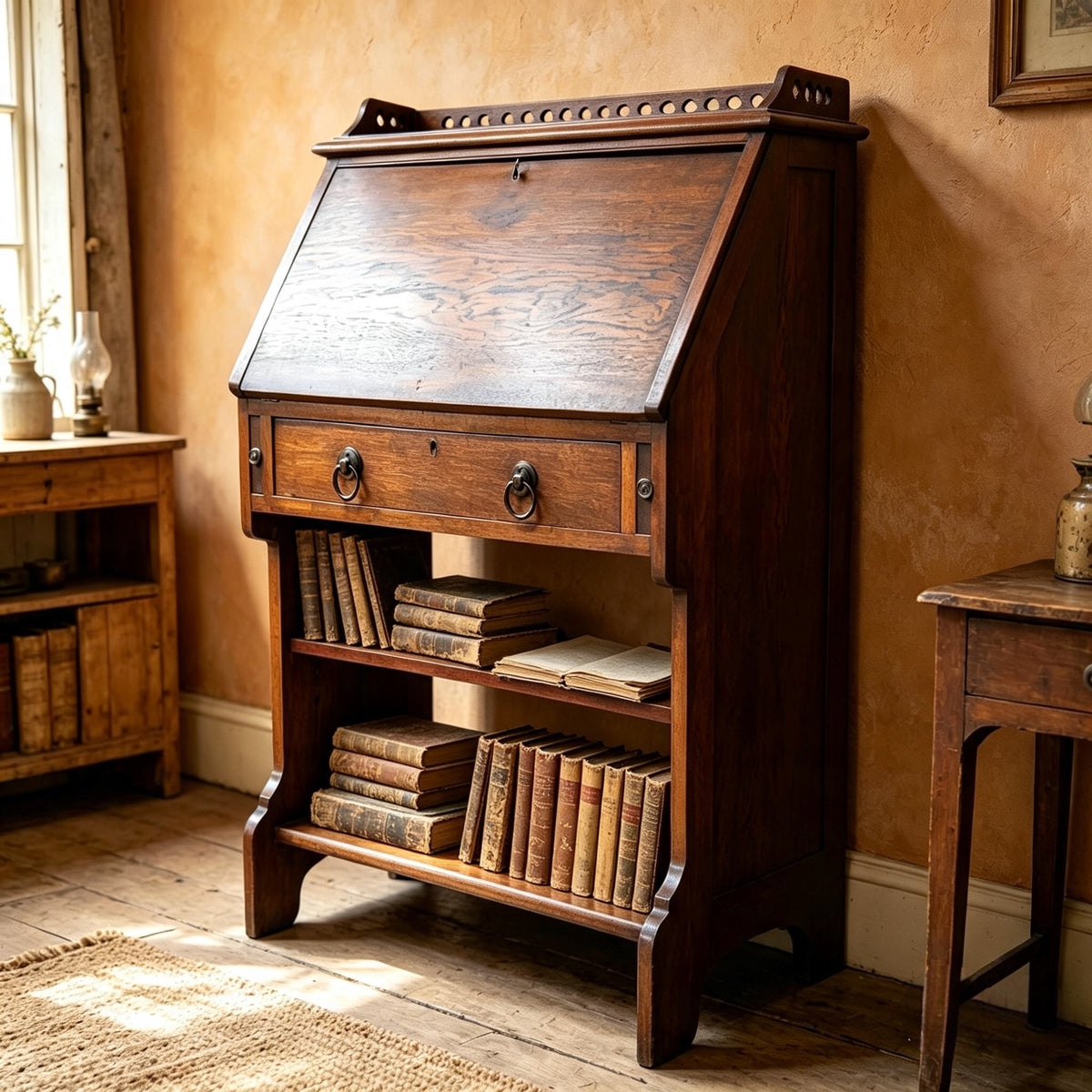 000494....Handsome Arts And Crafts Oak Bureau With Bookshelves