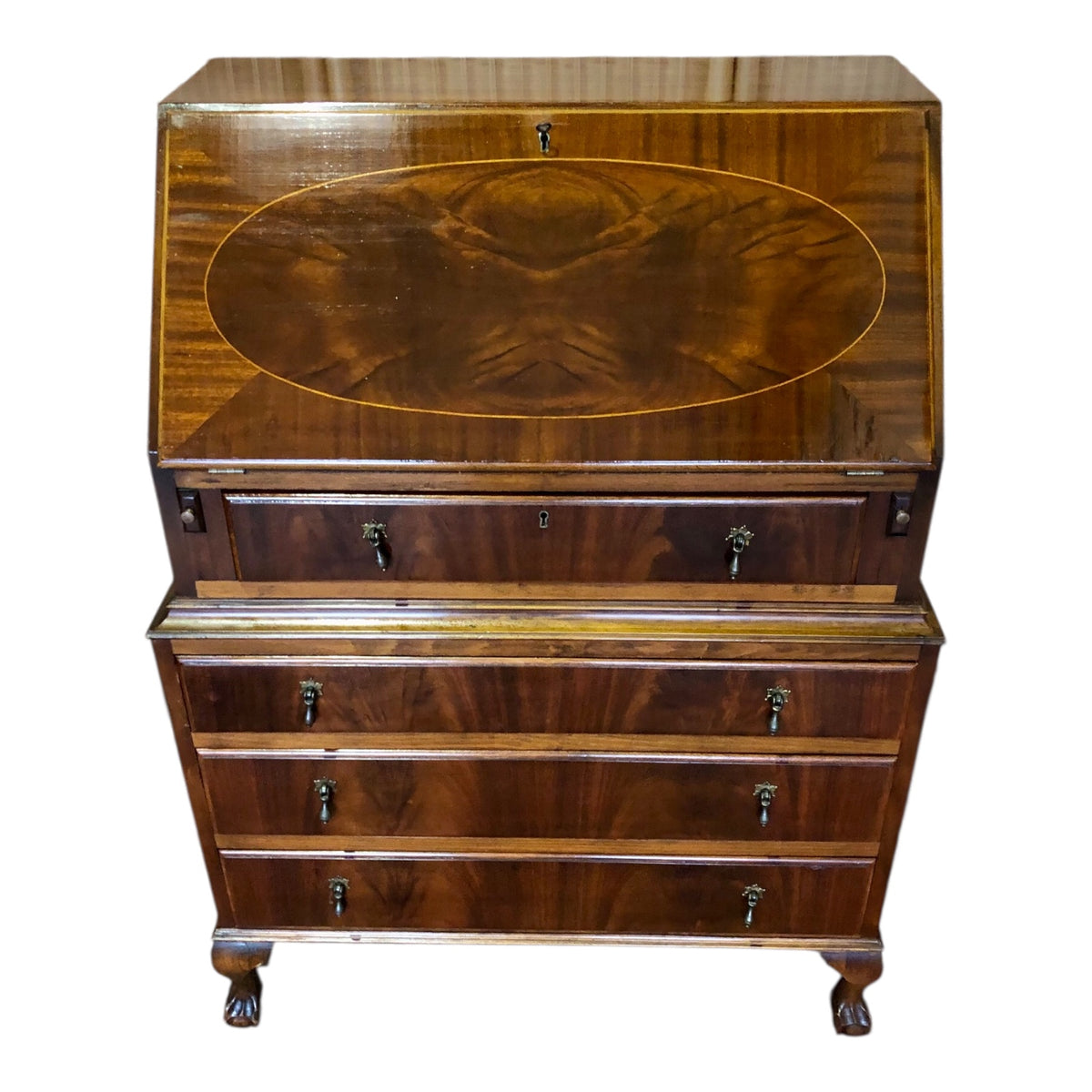 000487....Handsome Vintage Mahogany Bureau Or Writing Desk