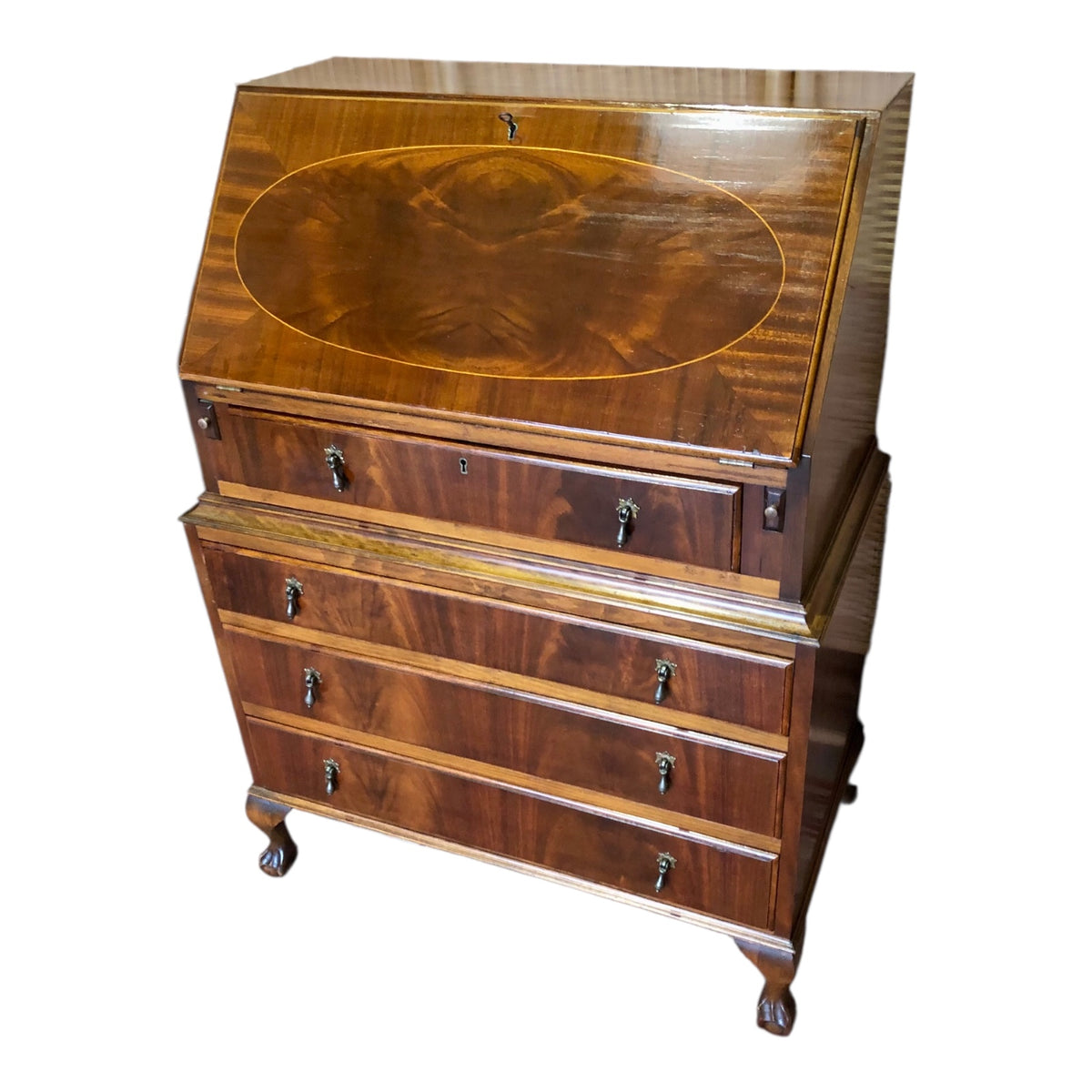 000487....Handsome Vintage Mahogany Bureau Or Writing Desk