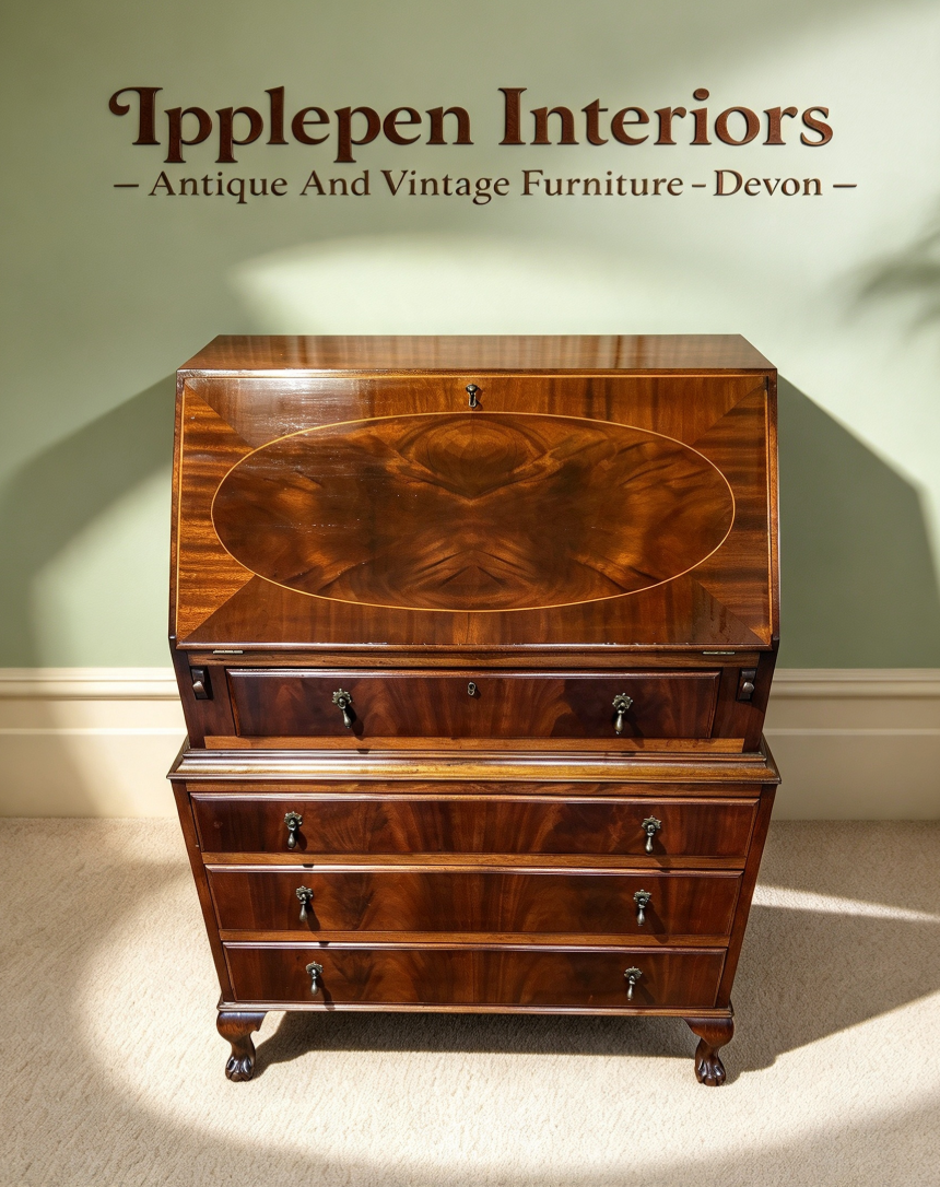 000487....Handsome Vintage Mahogany Bureau Or Writing Desk