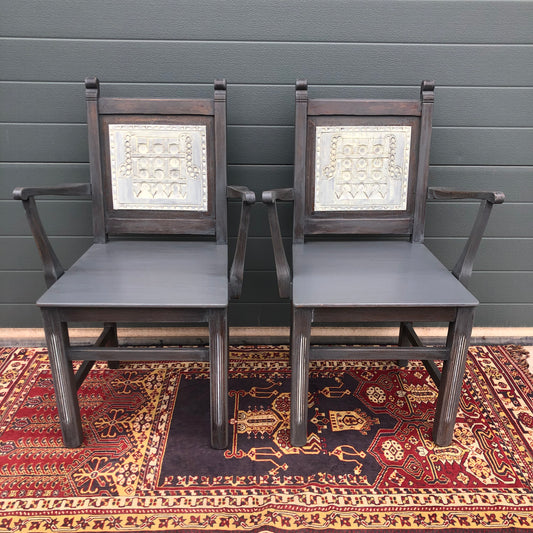 A Pair Of Carved Oak Carver Chairs / Vintage Hall Chairs ( SOLD )