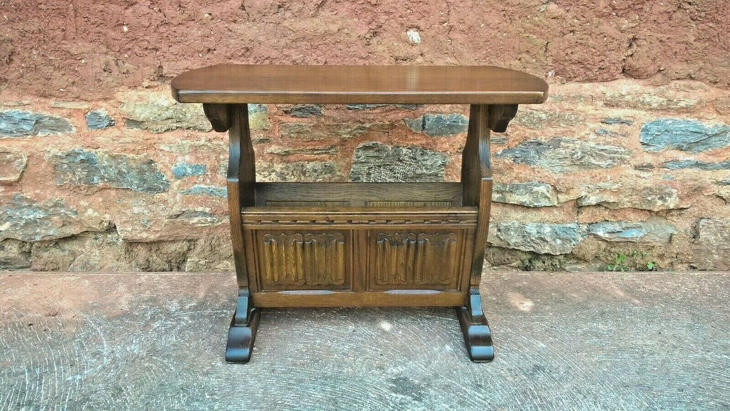 Old Charm Magazine Rack Table / Carved Oak End Table