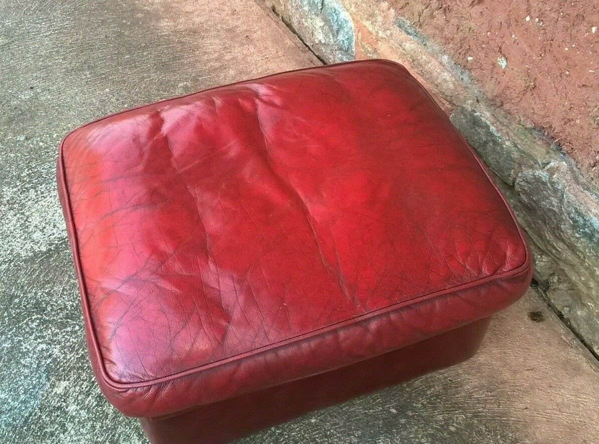 Vintage Leather Footstool / Oxblood Leather Pouffe