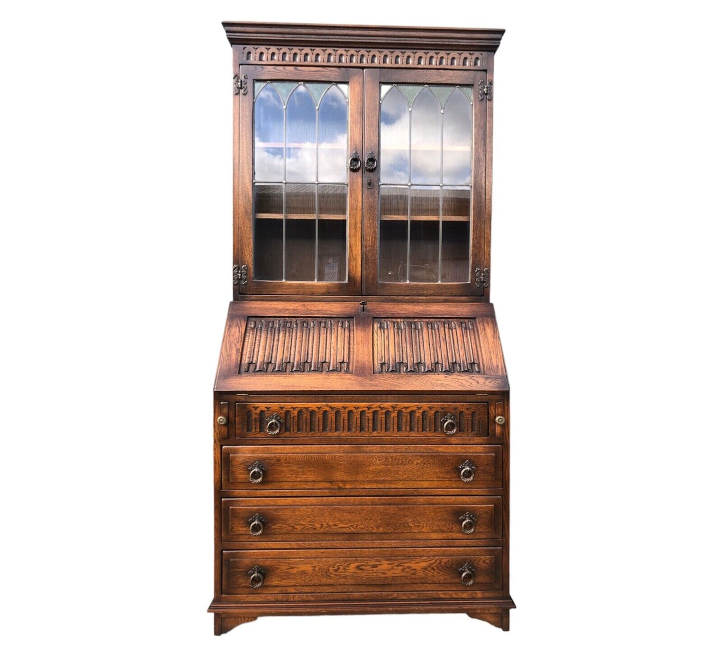 000906....Handsome Vintage Carved Oak Bureau Bookcase ( sold )