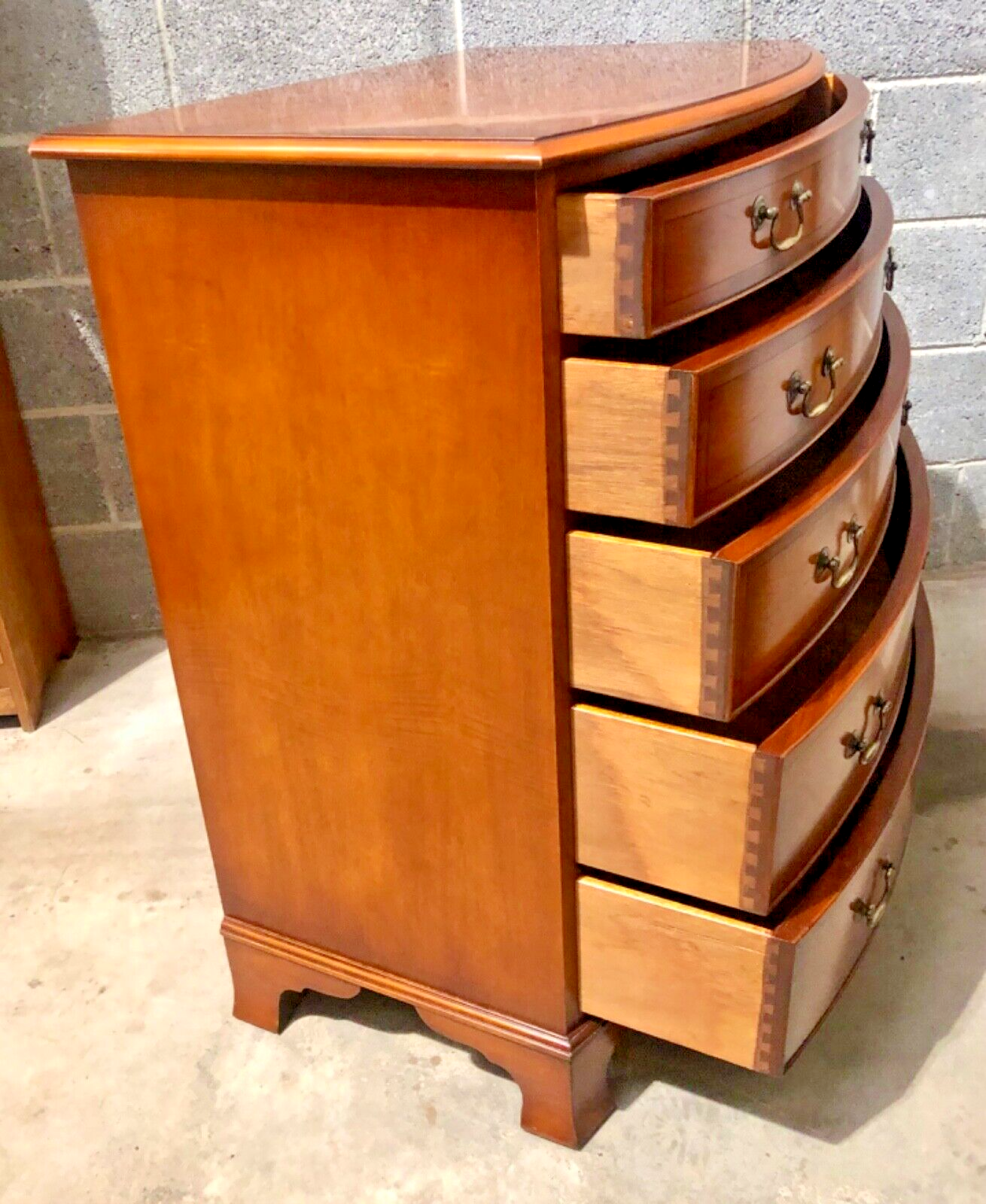 000869.....Handsome Vintage Yew Bow Front Chest Of Drawers ( sold )