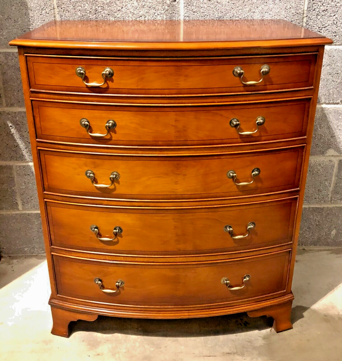 000869.....Handsome Vintage Yew Bow Front Chest Of Drawers ( sold )