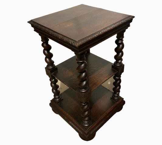 000875....Handsome Gothic Style Oak Etagere / Display Table