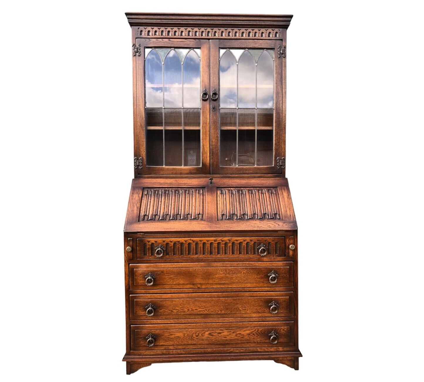 000906....Handsome Vintage Carved Oak Bureau Bookcase ( sold )