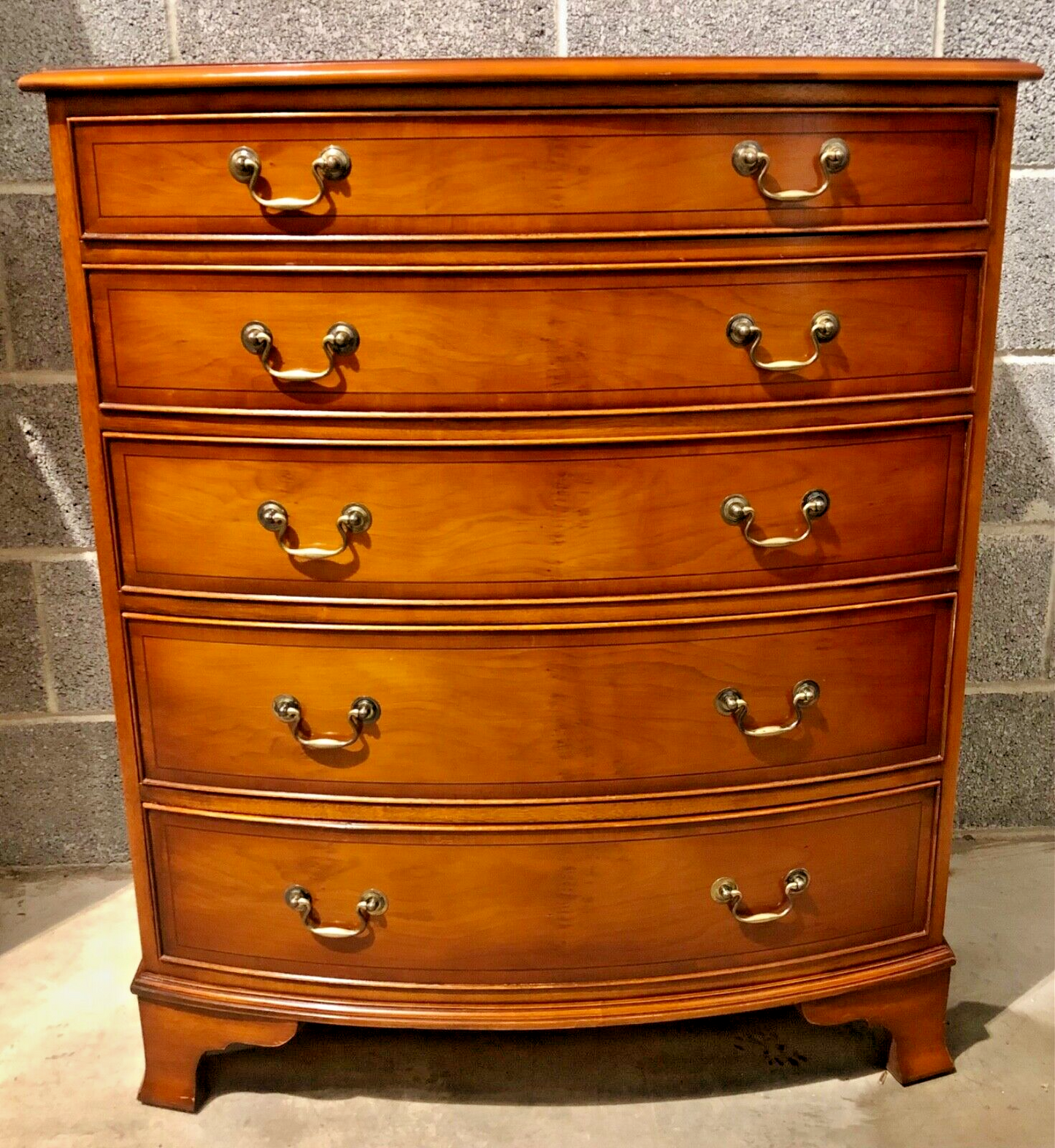 000869.....Handsome Vintage Yew Bow Front Chest Of Drawers ( sold )