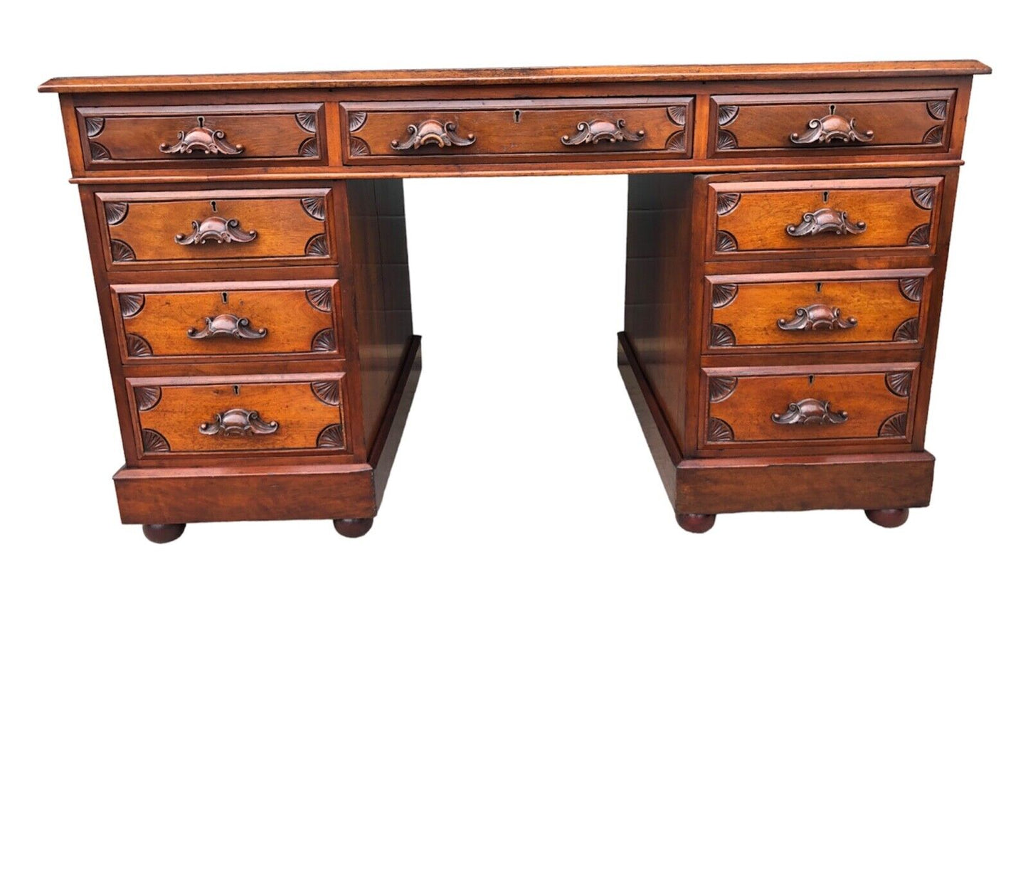 000904....Handsome Antique Carved Mahogany Pedestal Desk ( sold )