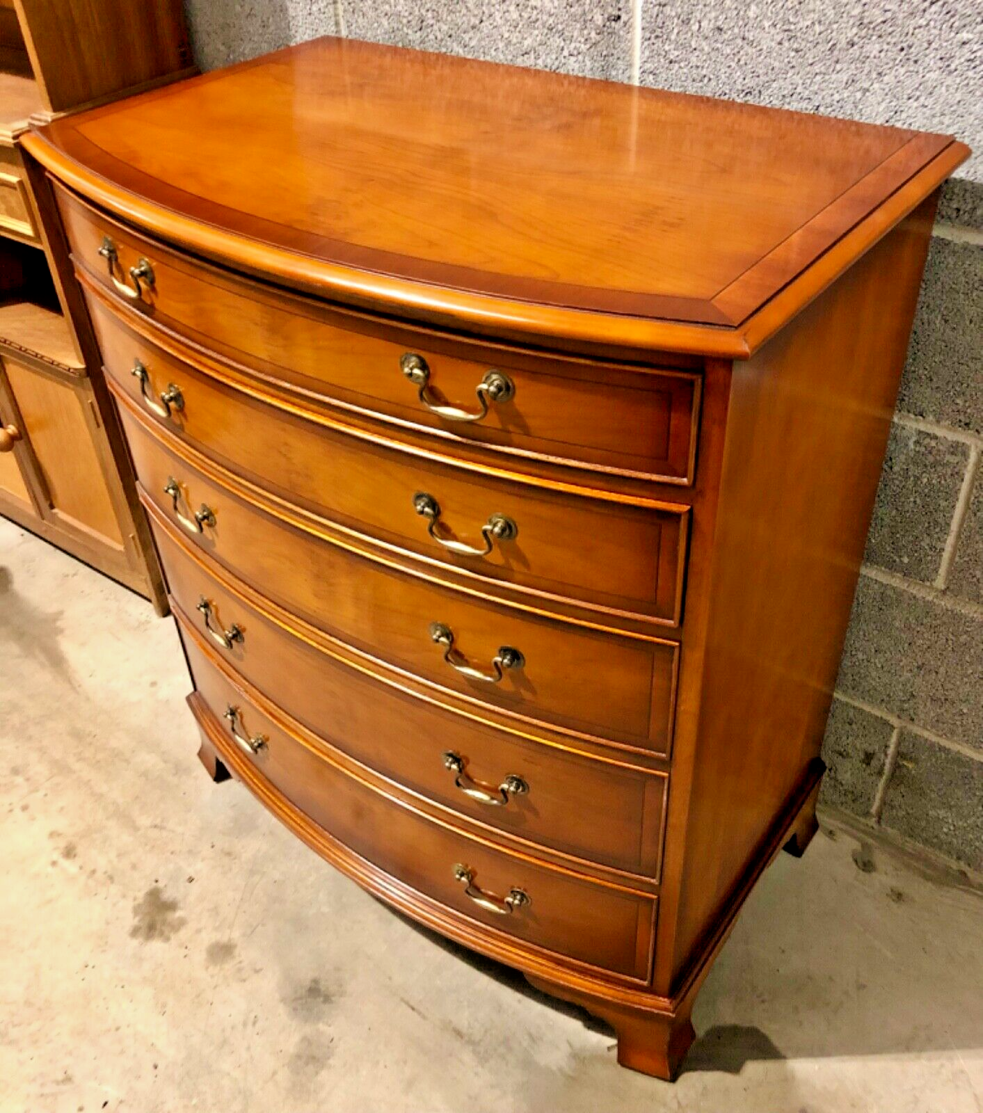 000869.....Handsome Vintage Yew Bow Front Chest Of Drawers ( sold )