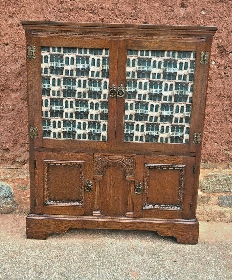 328.....Old Charm Oak Bookcase Or Vintage Carved Oak Cabinet ( SOLD )