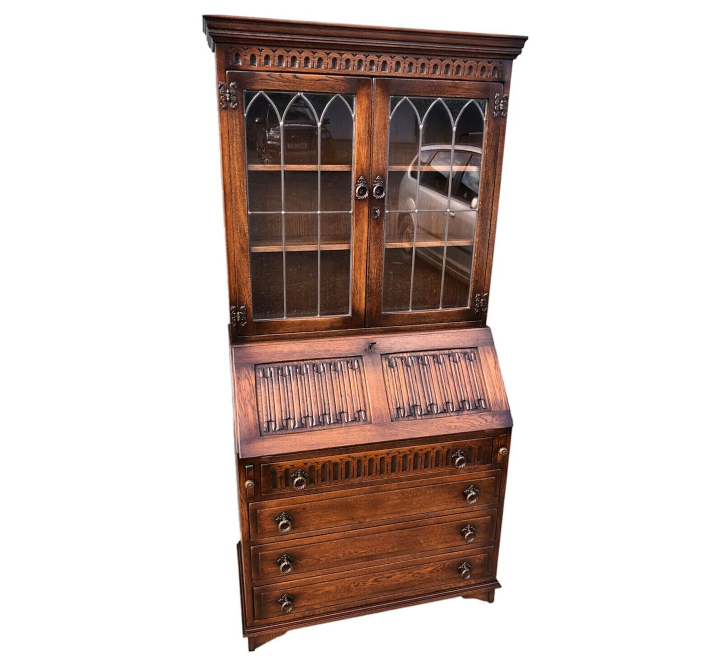 000906....Handsome Vintage Carved Oak Bureau Bookcase ( sold )