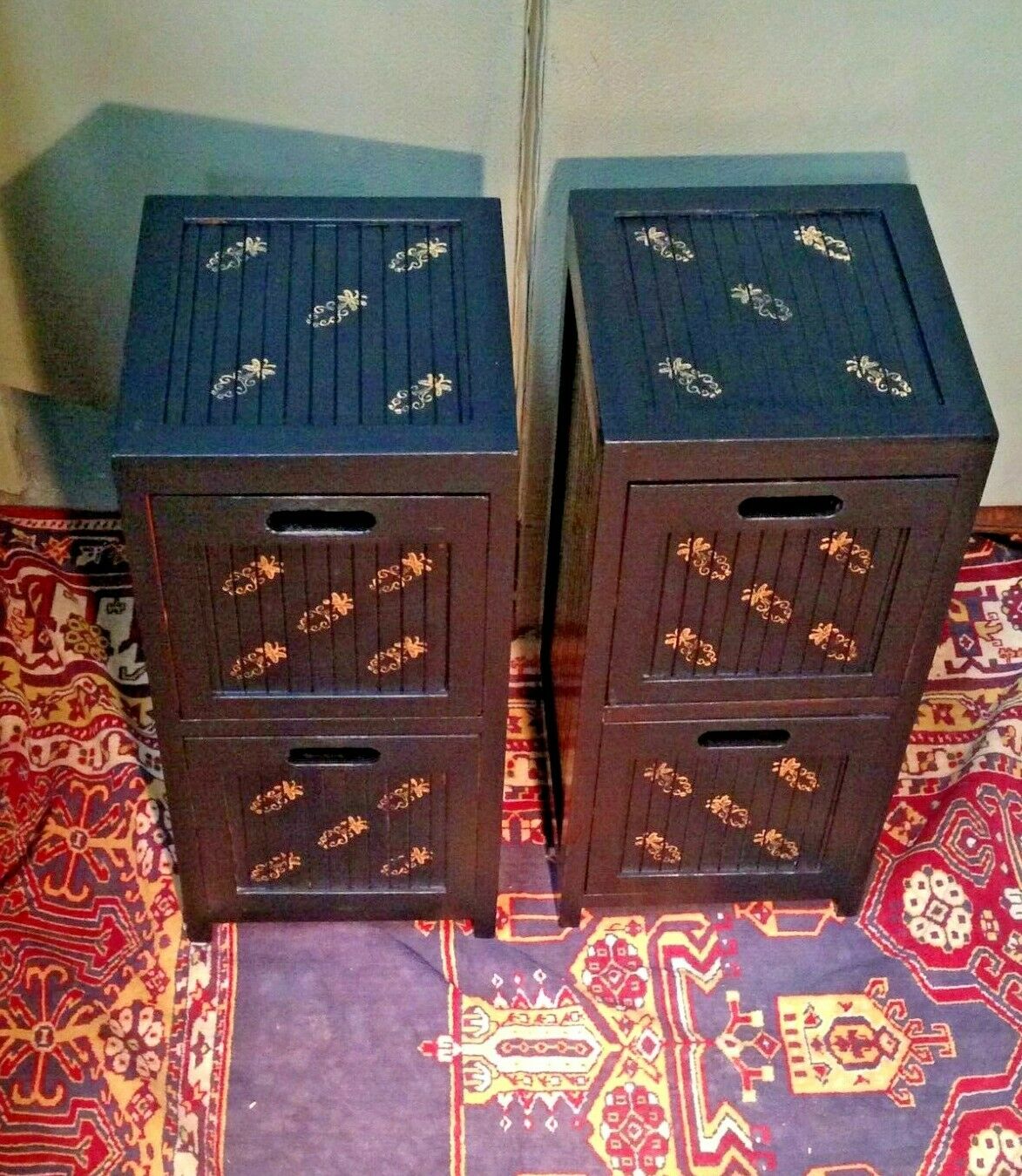 235.....A Pair Of Oriental Style Bedside Chests / Upcycled Bedside Cabinets ( SOLD )